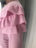 Winter Pink Knitting Tight Ruffle Top and Pants Two Piece Set