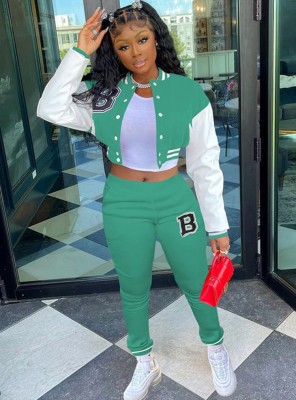 Spring Light Green Letter Print Baseball Jacket and Sweatpants Sportswear Vendors