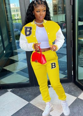 Spring Yellow Letter Print Baseball Jacket and Sweatpants Sportswear Vendors