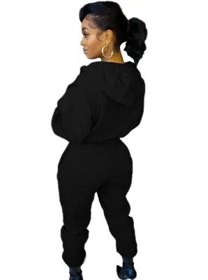 Winter Casual Black Fleece Zipper Hoody Long Sleeve Loose Jumpsuit