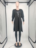 Fall Casual Black Embroidered Long Sleeve Oversize T-shirt and Tight Pants Wholesale Two Piece Clothing