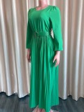 Spring Plus Size Elegant Green Round Neck Long SLeeve Pleated Loose Jumpsuit with Belt