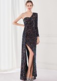 Winter Elegant Black Sequins Ruffled One Shoulder Long Sleeve Slit Formal Party Evening Dress