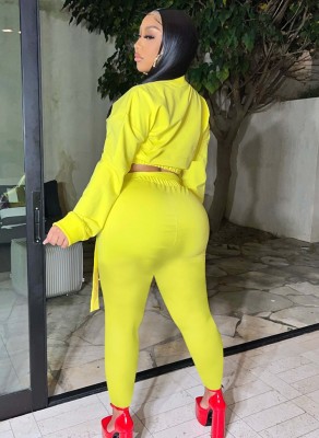 Fall Wholesale Jogger Suit Casaul Yellow Long Sleeve Crop Top and Match Pants Two Piece Set