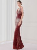 Spring Elegant Red Bling Sequins V Neck Tassel Gradient Mermaid Evening Dress