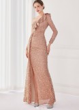 Winter Elegant Pink Sequins Ruffled One Shoulder Long Sleeve Slit Formal Party Evening Dress