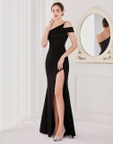 Spring Elegant Black One Shoulder High Slit Cocktail Eevening Dress