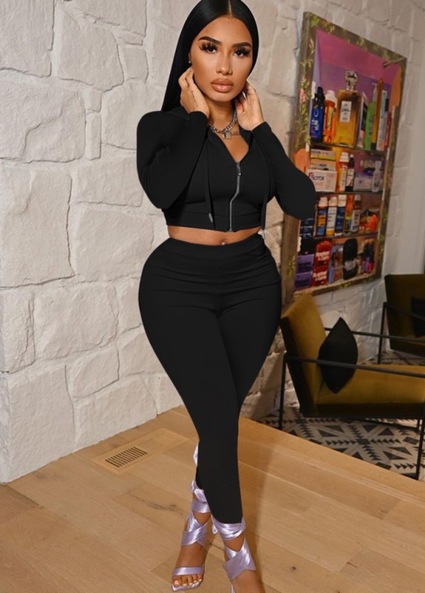 Fall Casual Black Long Sleeve Zipper Cropped Hoodies and Slim Pants Two Piece Set Sportswear Vendors