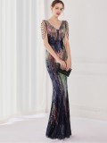 Spring Elegant Dark Blue Bling Sequins V Neck Tassel Gradient Mermaid Evening Dress