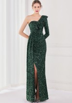 Winter Elegant Green Sequins Ruffled One Shoulder Long Sleeve Slit Formal Party Evening Dress