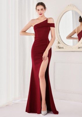 Spring Elegant Wine Red One Shoulder High Slit Cocktail Eevening Dress