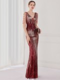Spring Elegant Red Bling Sequins V Neck Tassel Gradient Mermaid Evening Dress