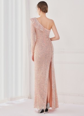 Winter Elegant Golden Sequins Ruffled One Shoulder Long Sleeve Slit Formal Party Evening Dress