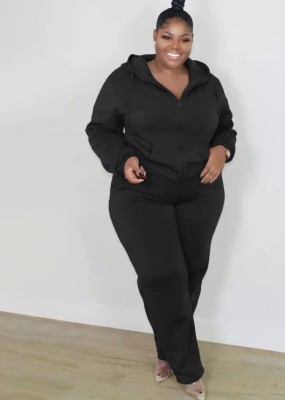 Winter Casual Plus Size Black Long Sleeve Zipper Hoodies and Match Sweatpants Two Piece Set Tracksuit Vendors