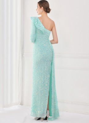 Winter Elegant Blue Sequins Ruffled One Shoulder Long Sleeve Slit Formal Party Evening Dress