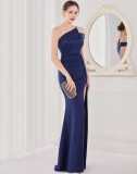 Spring Elegant Navy Blue One Shoulder High Slit Cocktail Eevening Dress