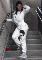 Winter Casual White Skull Printed Long Sleeve Hoody Two Piece Tracksuit Wholesale Sportswear
