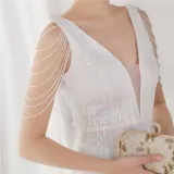 Spring Elegant White Bling Sequins V Neck Tassel Gradient Mermaid Evening Dress
