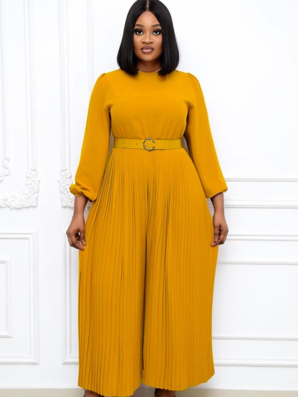 Spring Plus Size Elegant Yellow Round Neck Long SLeeve Pleated Loose Jumpsuit with Belt
