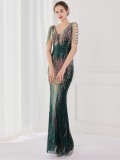 Spring Elegant Green Bling Sequins V Neck Tassel Gradient Mermaid Evening Dress