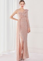 Winter Elegant Pink Sequins Ruffled One Shoulder Long Sleeve Slit Formal Party Evening Dress