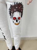 Winter Casual White Skull Printed Long Sleeve Hoody Two Piece Tracksuit Wholesale Sportswear