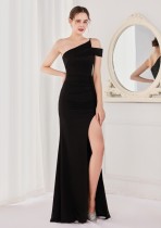 Spring Elegant Black One Shoulder High Slit Cocktail Eevening Dress
