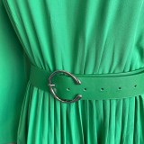 Spring Plus Size Elegant Green Round Neck Long SLeeve Pleated Loose Jumpsuit with Belt