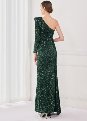 Winter Elegant Green Sequins Ruffled One Shoulder Long Sleeve Slit Formal Party Evening Dress