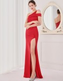 Spring Elegant Red One Shoulder High Slit Cocktail Eevening Dress