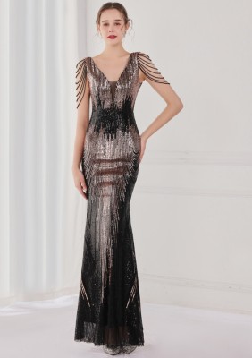 Spring Elegant Black Bling Sequins V Neck Tassel Gradient Mermaid Evening Dress