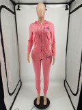 Winter Casual Pink Embroidered Long Sleeve Zipper Hoodies and Match Sweatpants Wholesale 2 Piece Sportwear Sets