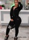 Winter Casual Black Embroidered Long Sleeve Zipper Hoodies and Match Sweatpants Wholesale 2 Piece Sportwear Sets