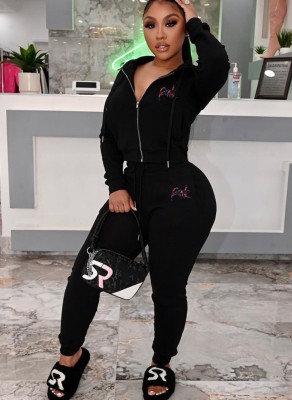 Winter Casual Black Embroidered Long Sleeve Zipper Hoodies and Match Sweatpants Wholesale 2 Piece Sportwear Sets