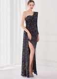 Winter Elegant Black Sequins Ruffled One Shoulder Long Sleeve Slit Formal Party Evening Dress