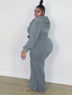 Winter Casual Plus Size Gray Long Sleeve Zipper Hoodies and Match Sweatpants Two Piece Set Tracksuit Vendors