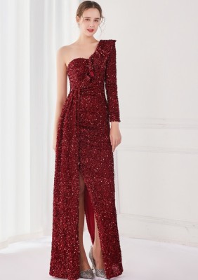 Winter Elegant Red Sequins Ruffled One Shoulder Long Sleeve Slit Formal Party Evening Dress