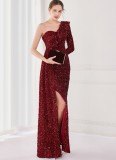 Winter Elegant Red Sequins Ruffled One Shoulder Long Sleeve Slit Formal Party Evening Dress