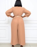 Spring Plus Size Elegant Khaki Round Neck Long SLeeve Pleated Loose Jumpsuit with Belt