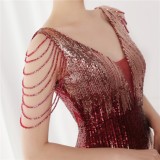 Spring Elegant Red Bling Sequins V Neck Tassel Gradient Mermaid Evening Dress