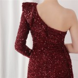 Winter Elegant Red Sequins Ruffled One Shoulder Long Sleeve Slit Formal Party Evening Dress