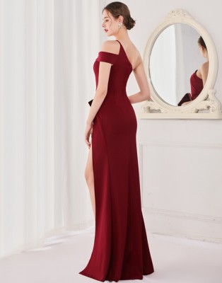 Spring Elegant Wine Red One Shoulder High Slit Cocktail Eevening Dress