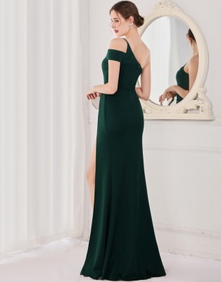 Spring Elegant Green One Shoulder High Slit Cocktail Eevening Dress