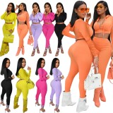 Fall Casual Orange Long Sleeve Zipper Cropped Hoodies and Slim Pants Two Piece Set Sportswear Vendors