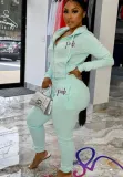 Winter Casual Mint Green Embroidered Long Sleeve Zipper Hoodies and Match Sweatpants Wholesale 2 Piece Sportwear Sets