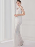 Spring Elegant White Bling Sequins V Neck Tassel Gradient Mermaid Evening Dress
