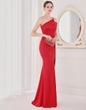 Spring Elegant Red One Shoulder High Slit Cocktail Eevening Dress