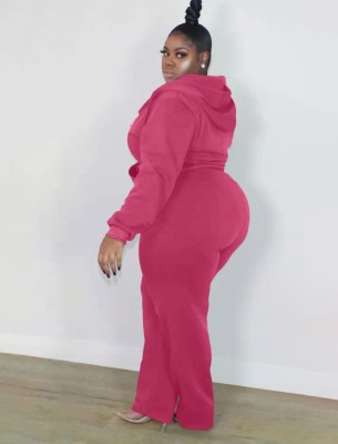 Winter Casual Plus Size Rose Red Long Sleeve Zipper Hoodies and Match Sweatpants Two Piece Set Tracksuit Vendors