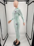 Winter Casual Mint Green Embroidered Long Sleeve Zipper Hoodies and Match Sweatpants Wholesale 2 Piece Sportwear Sets