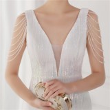 Spring Elegant White Bling Sequins V Neck Tassel Gradient Mermaid Evening Dress